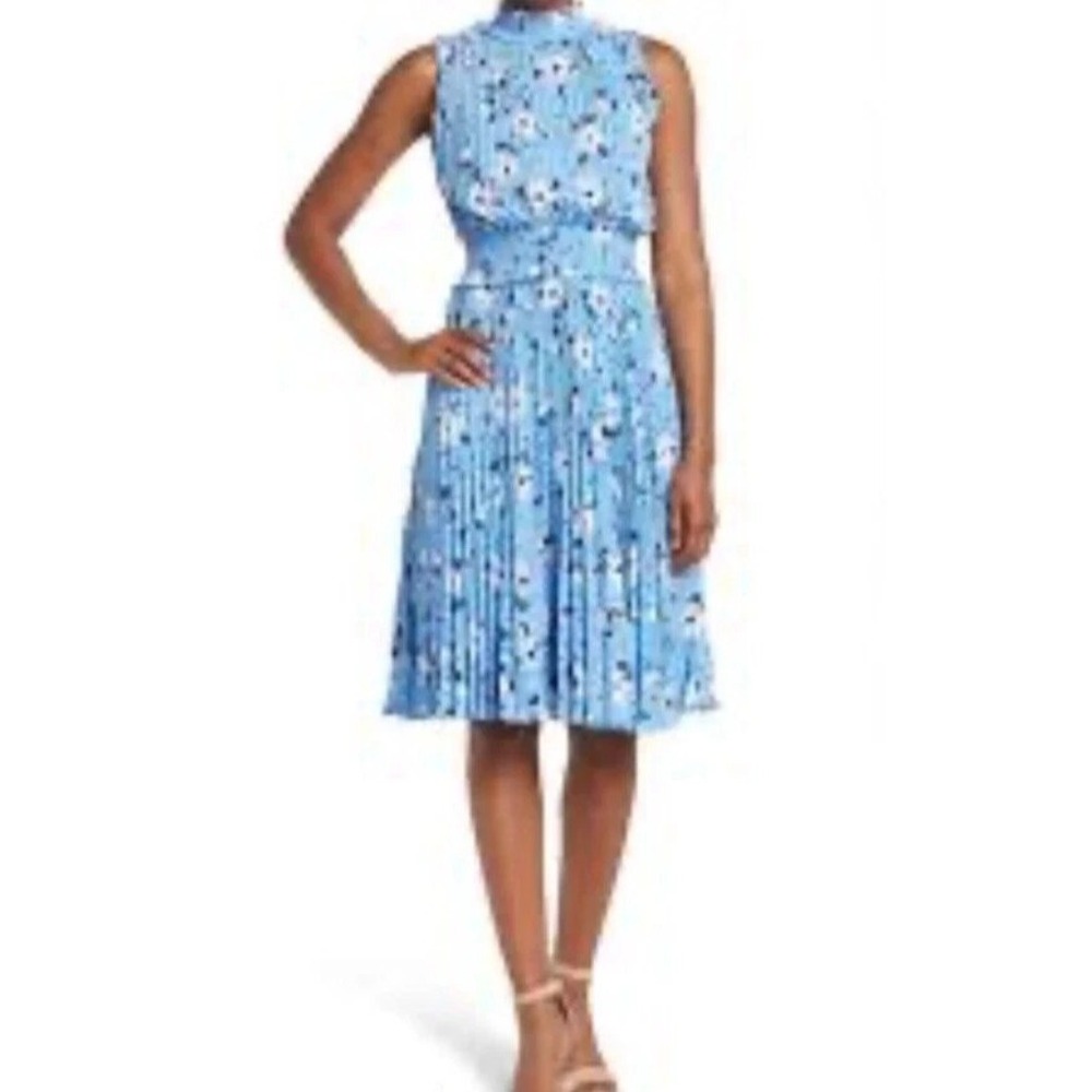 Nanette Lepore Blue Floral Smocked Neck Pleated Sleeveless Midi Dress Size 8